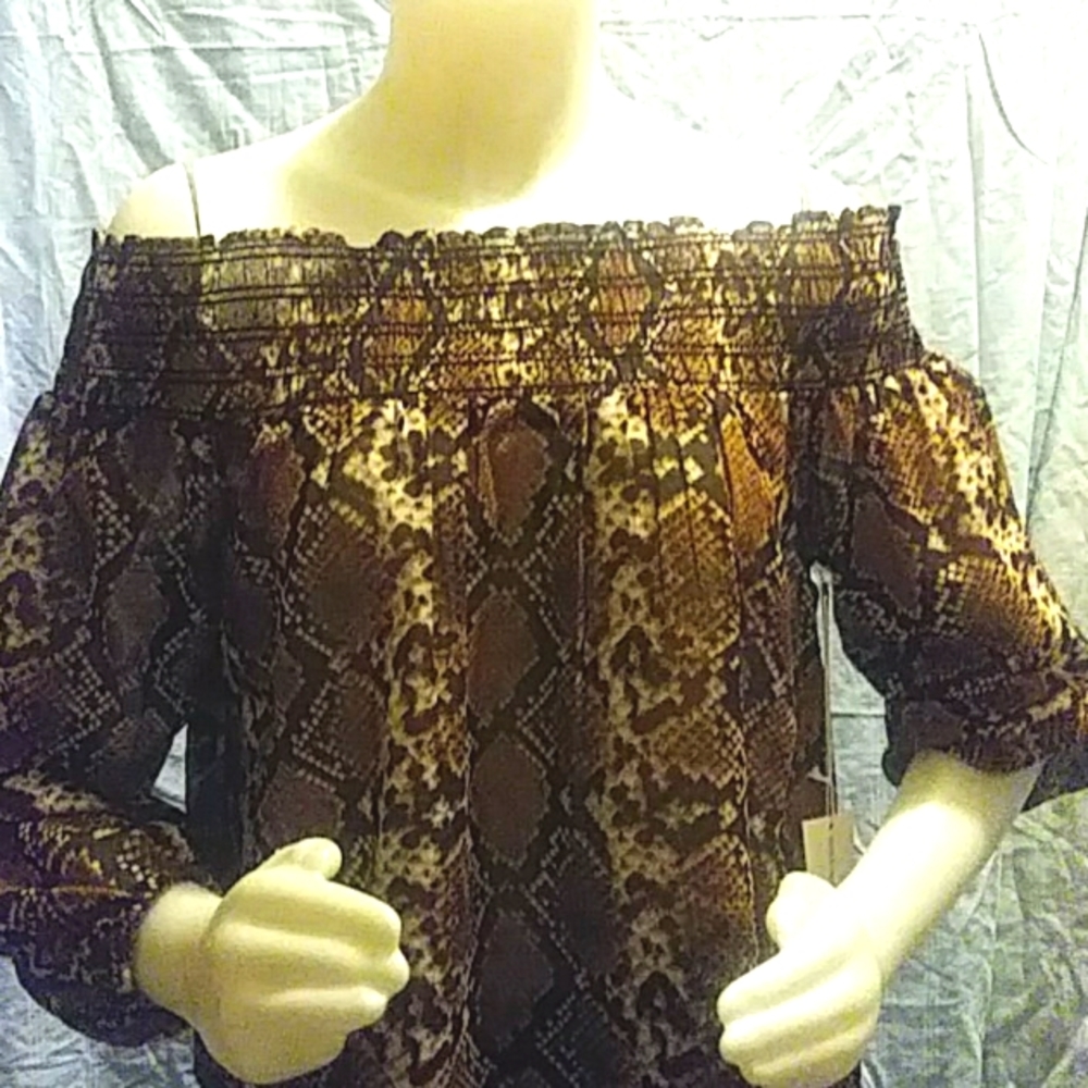 Sheer, Off the Shoulder Snake Skin Print Top. NWT size medium